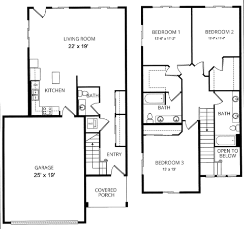 Floor plan for 3 beds, 2.5 baths, 1835 sqft